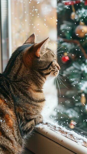 A curious cat watching snowflakes fall outside the window, with a decorated Christmas tree nearby, 4K iPhone Wallpaper.