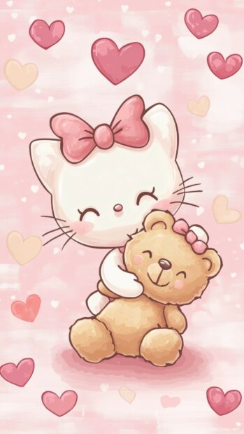 A cute Hello Kitty holding her favorite teddy bear, centered on a pale pink background.