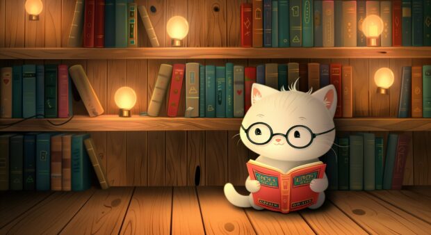 A cute Kawaii cat wearing glasses and reading a tiny book, sitting in a cozy library nook.