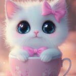 A cute chubby cat with big sparkling eyes and a pink bow, sitting in a teacup, in the style of Kawaii, Anime Style.