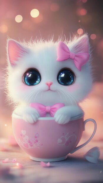 A cute chubby cat with big sparkling eyes and a pink bow, sitting in a teacup, in the style of Kawaii, Anime Style.