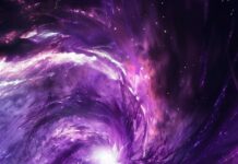 A cute galaxy with swirling gas clouds and bright stars, purple wallpaper.