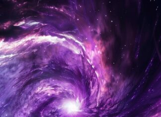 A cute galaxy with swirling gas clouds and bright stars, purple wallpaper.