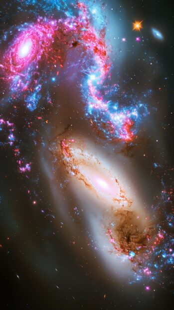 A cute view of two galaxies colliding with bright cosmic effects.