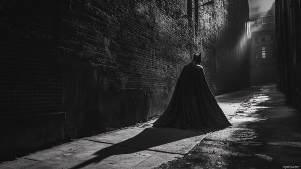 A dark and mysterious portrait of Batman in a shadowy alley, the cape billowing in the wind.