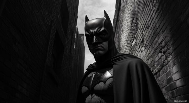 A dark and mysterious portrait of Batman in a shadowy alley, the cape billowing in the wind.