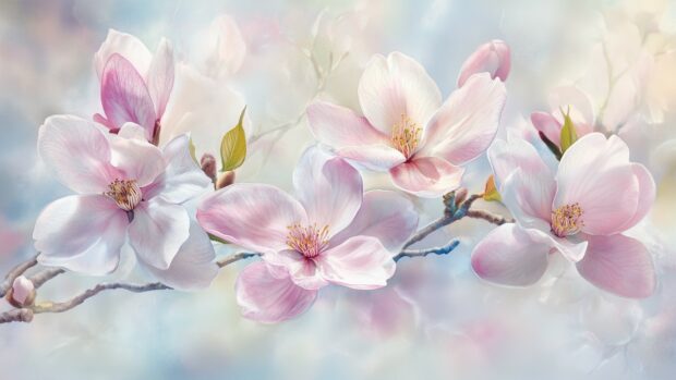 A delicate arrangement of cherry blossoms and magnolias painted in pastel watercolors.