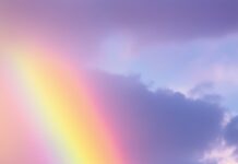 A delicate pastel rainbow stretching across a light, cloudy sky with soft.