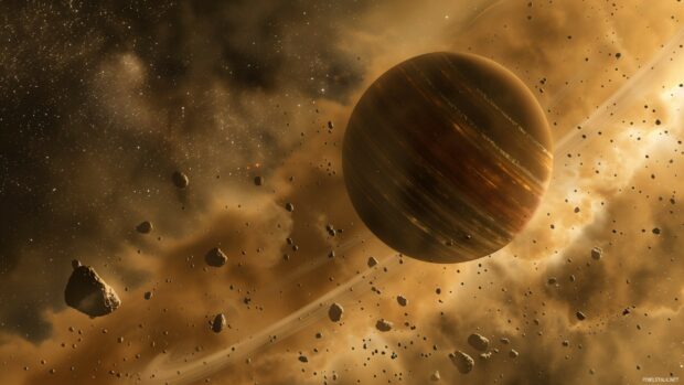 A detailed depiction of a distant exoplanet with rings, set against a starry outer space background.