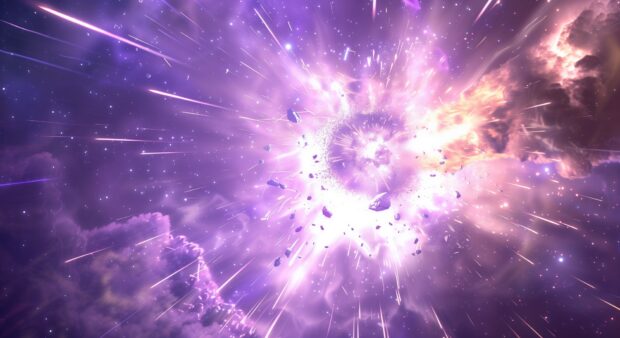 A detailed view of a purple supernova explosion, with cosmic energy radiating and colorful debris spreading through space.