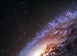 A distant iPhone background galaxy with bright blue and purple hues in deep space.