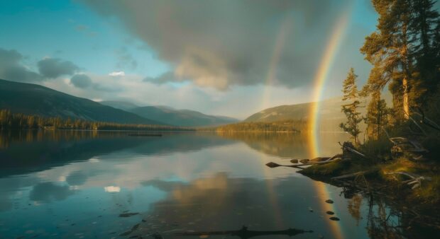 A double rainbow stretching across a serene lake.