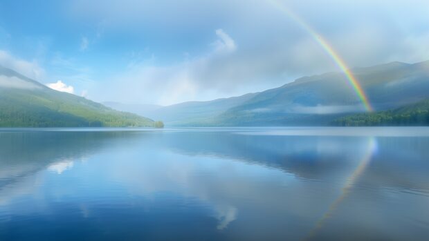 A double rainbow stretching across a serene lake, with reflections on the water surface.