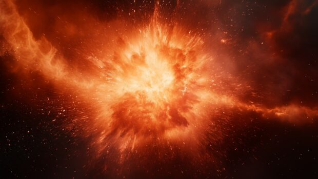 A dramatic burst of red fire erupting from the center, with detailed flame textures against a solid  black background.