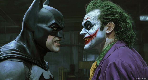 A dramatic scene of Batman facing off against the Joker in a dimly lit warehouse.