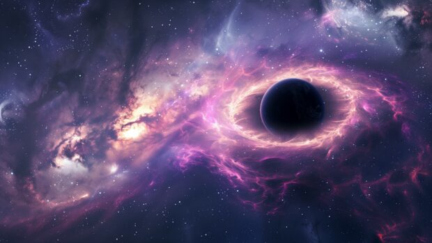 A dramatic scene of a purple black hole with light bending around it, set against a backdrop of distant stars and galaxies wallpaper.