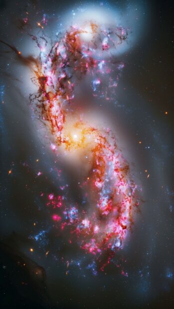 A dramatic view of two galaxies colliding with bright cosmic effects, cute galaxy iPhone wallpaper.