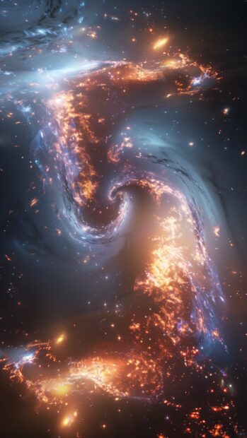 A dramatic view of two galaxies colliding with bright cosmic effects, iPhone background.