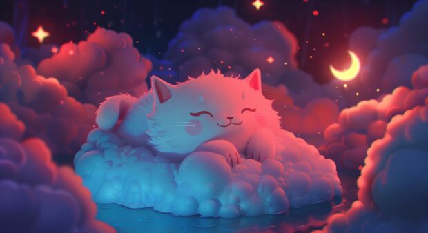 A dreamy Kawaii cat floating on a fluffy cloud at night, with stars and a crescent moon in the sky.