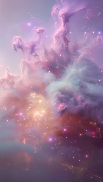 A dreamy iPhone background HD wallpaper showcasing a pastel colored nebula with twinkling stars, creating a calming and ethereal ambiance.