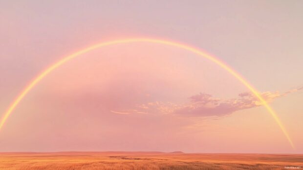 A dreamy pastel rainbow arching over a serene landscape, with gentle hues of peach, lilac, and soft yellow blending seamlessly into a clear horizon.