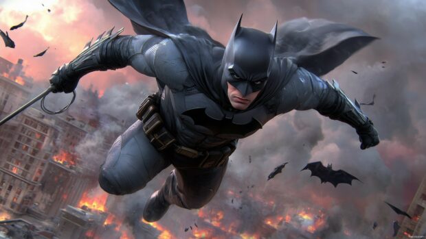 A dynamic action shot of Batman leaping off a building, with his grappling hook in hand.