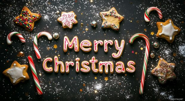 A festive arrangement of holiday cookies and candy canes, with text Merry Christmas in a playful, colorful font.