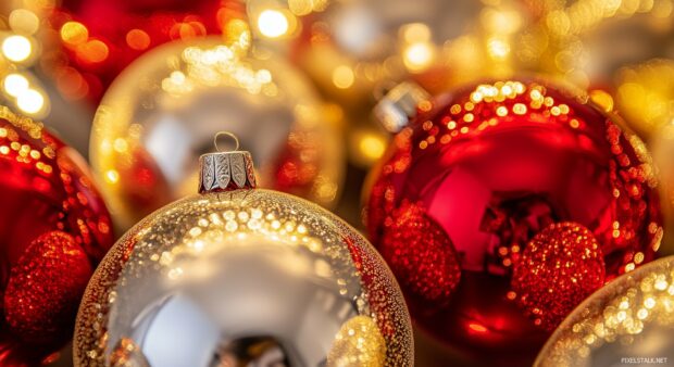 A festive close up of shiny red and gold Christmas ornaments with reflections of holiday lights.