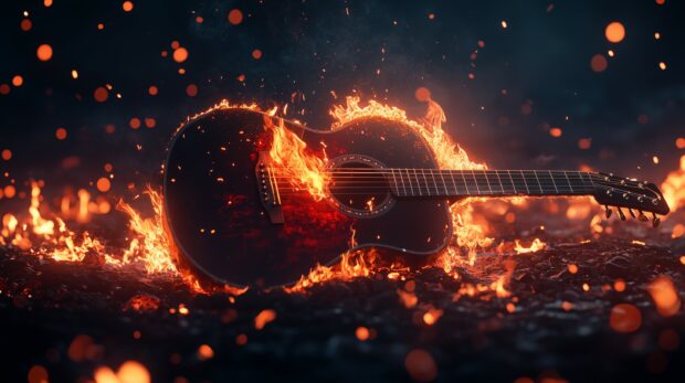 A fiery acoustic Guitar with flames erupting from the soundhole, Fire desktop background.