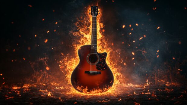 A fiery acoustic Guitar with flames erupting from the soundhole, Fire wallpaper 4K resolution.