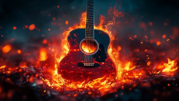 A fiery acoustic guitar with fire flames.