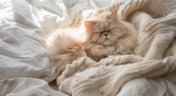 A fluffy Persian cat napping in a sunbeam, surrounded by soft pillows and a cozy blanket.