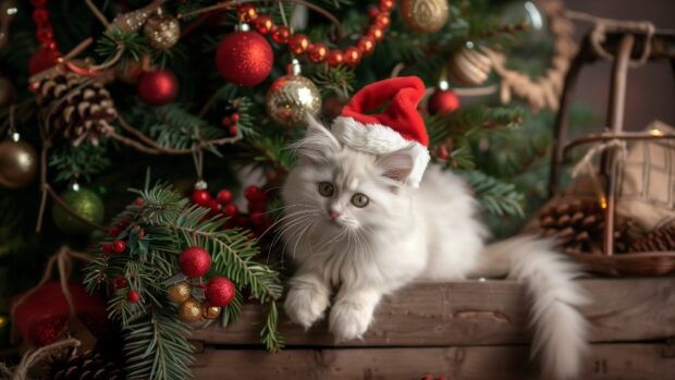 A fluffy white cat wearing a Santa hat, sitting beside a beautifully decorated Christmas tree.