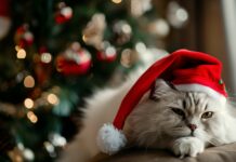 A fluffy white cat wearing a Santa hat, sitting beside a beautifully decorated Christmas tree.