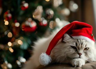 A fluffy white cat wearing a Santa hat, sitting beside a beautifully decorated Christmas tree.