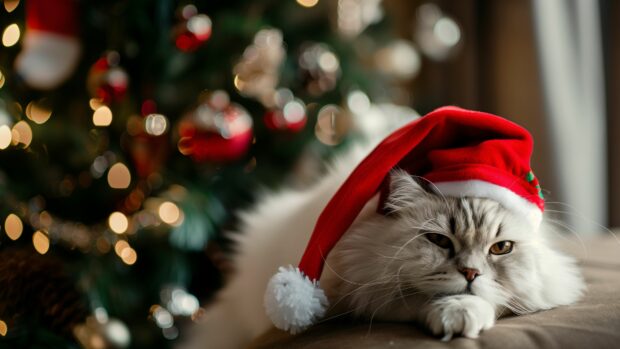 A fluffy white cat wearing a Santa hat, sitting beside a beautifully decorated Christmas tree.