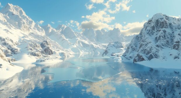 A frozen winter lake surrounded by snow capped mountains.