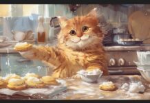 A funny Kawaii cat baking cookies in a kitchen, with flour on its nose and a cheerful smile.