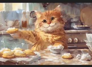 A funny Kawaii cat baking cookies in a kitchen, with flour on its nose and a cheerful smile.