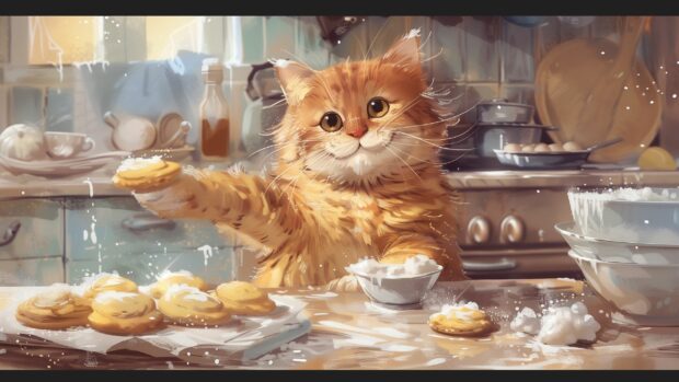 A funny Kawaii cat baking cookies in a kitchen, with flour on its nose and a cheerful smile.