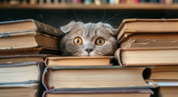 A funny Scottish Fold cat peeking out from behind a stack of books.