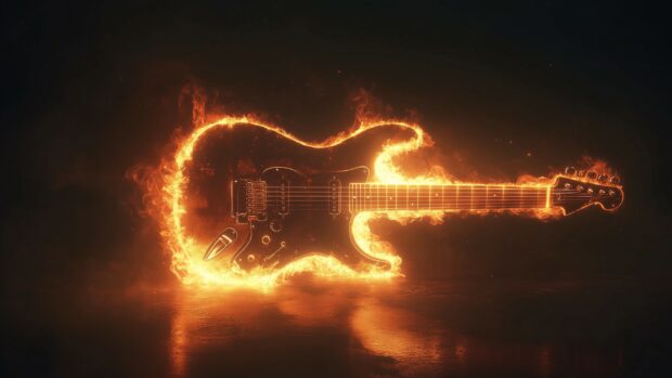 A glowing electric Guitar with flames shooting out from the body.