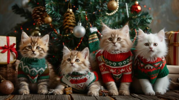 A group of kittens wearing holiday sweaters, sitting around a Christmas tree, with gifts and decorations.