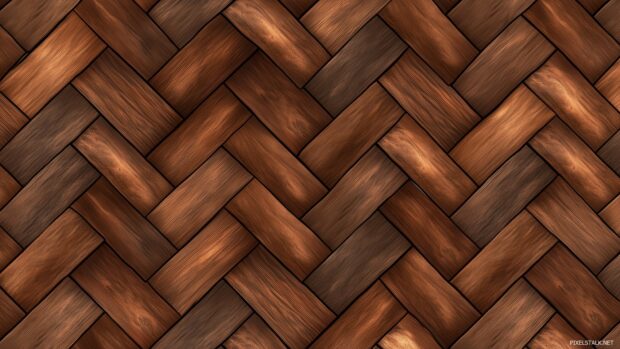 A herringbone pattern of wooden planks in a rich, walnut finish.