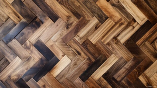 A herringbone pattern of wooden planks in a rich, walnut finish.