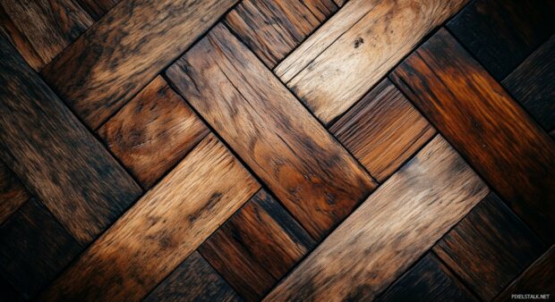 A herringbone pattern of wooden planks in a rich, walnut finish, Wooden desktop background.