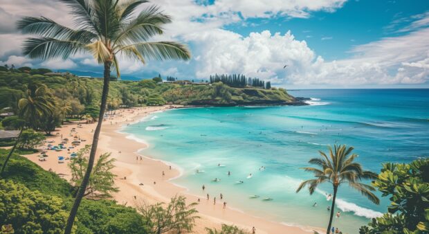 A lively Hawaii beach with surfers riding the waves and vibrant beach life.