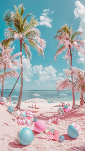 A lively preppy beach collage with images of pastel colored beach balls, and tropical palm trees.