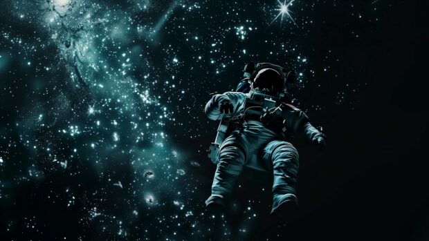 A lone astronaut floating in the darkness of galaxy, with distant galaxies and faint stars illuminating the void.