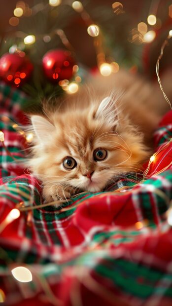 A lovely Persian Christmas Cat lying on a red and green plaid blanket, surrounded by holiday decorations and lights.